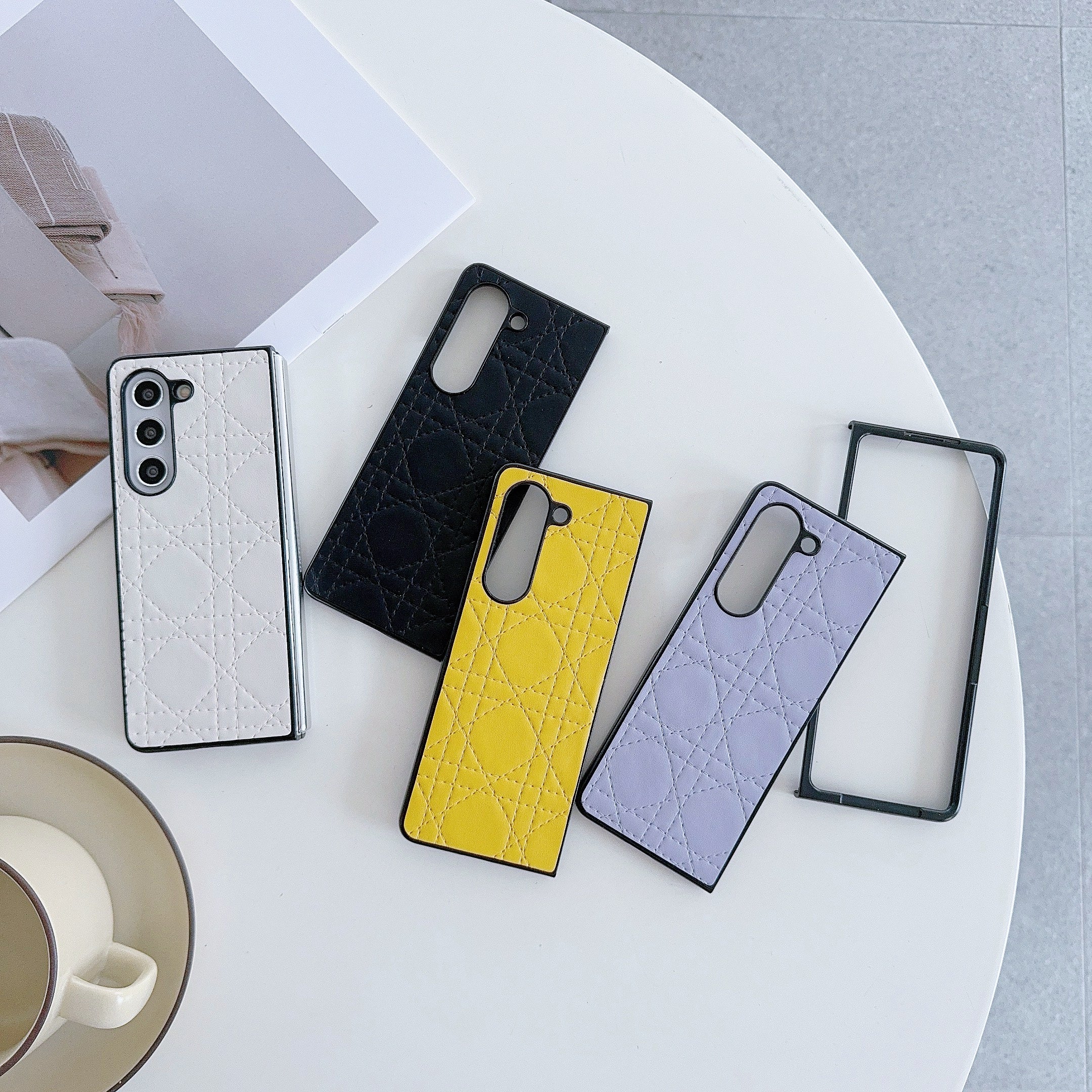 For Samsung Galaxy Z Fold6 5G Case Two-Piece Leather Coated PC Phone Cover Stitching Pattern - Yellow