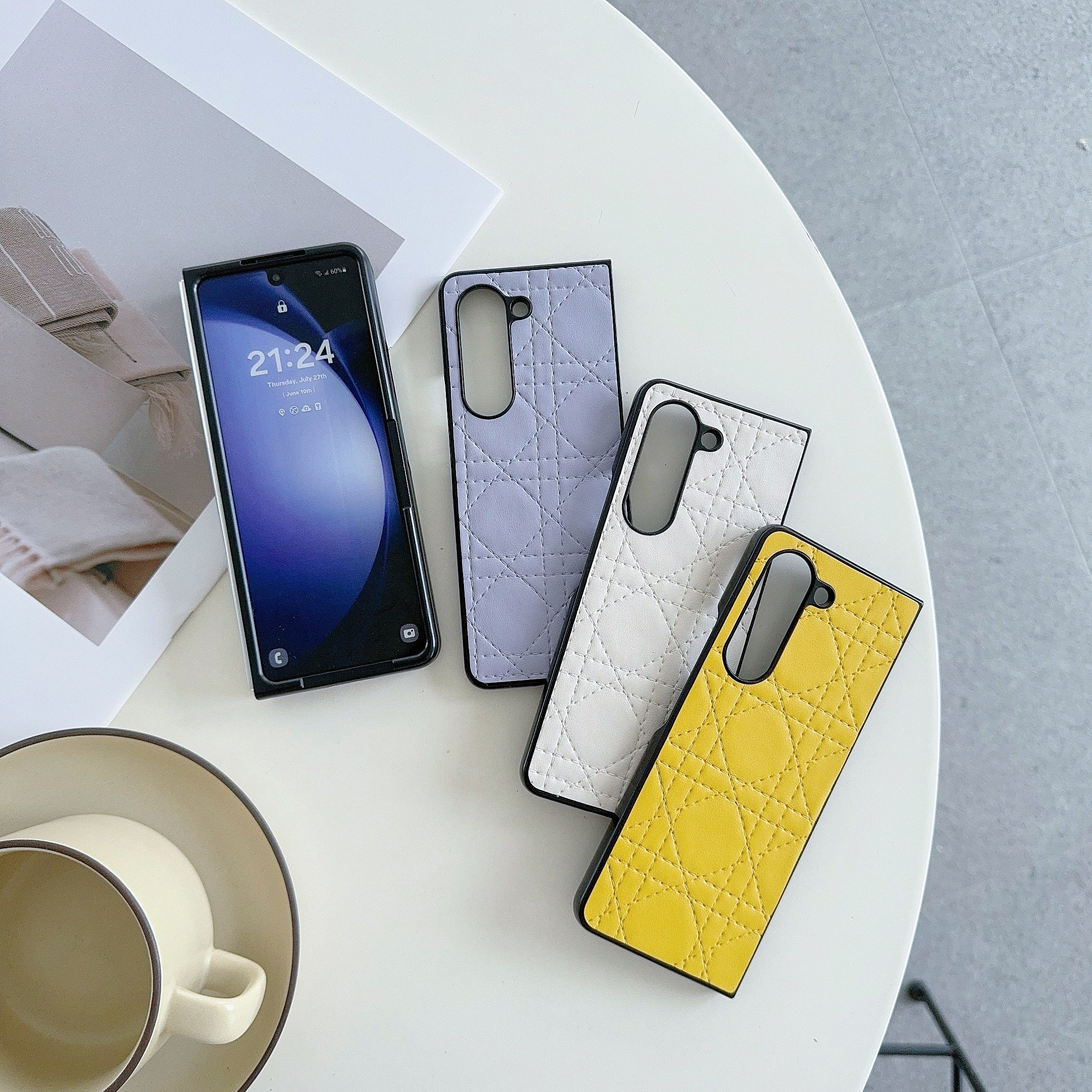 For Samsung Galaxy Z Fold6 5G Case Two-Piece Leather Coated PC Phone Cover Stitching Pattern - Yellow