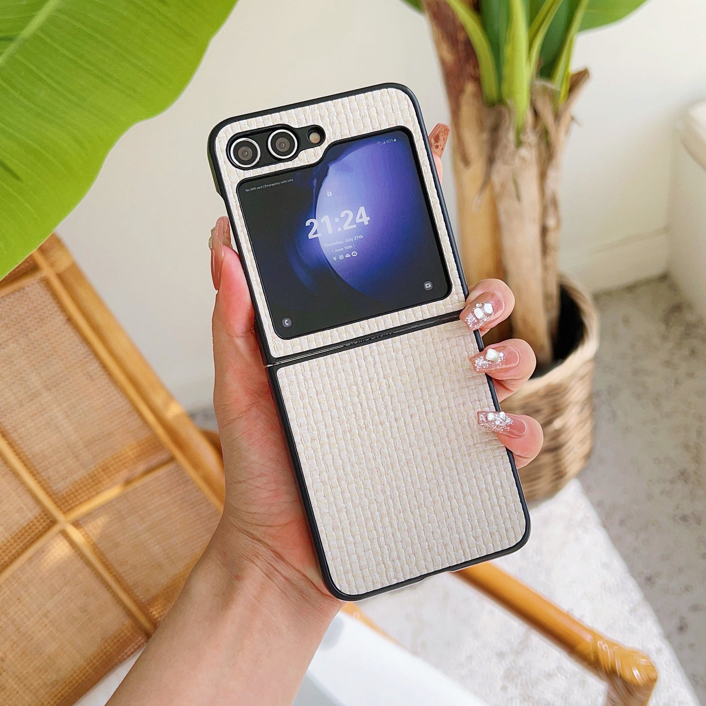 For Samsung Galaxy Z Flip6 5G Case Woven Grid Pattern Leather + PC Phone Cover Two-Piece Design - White