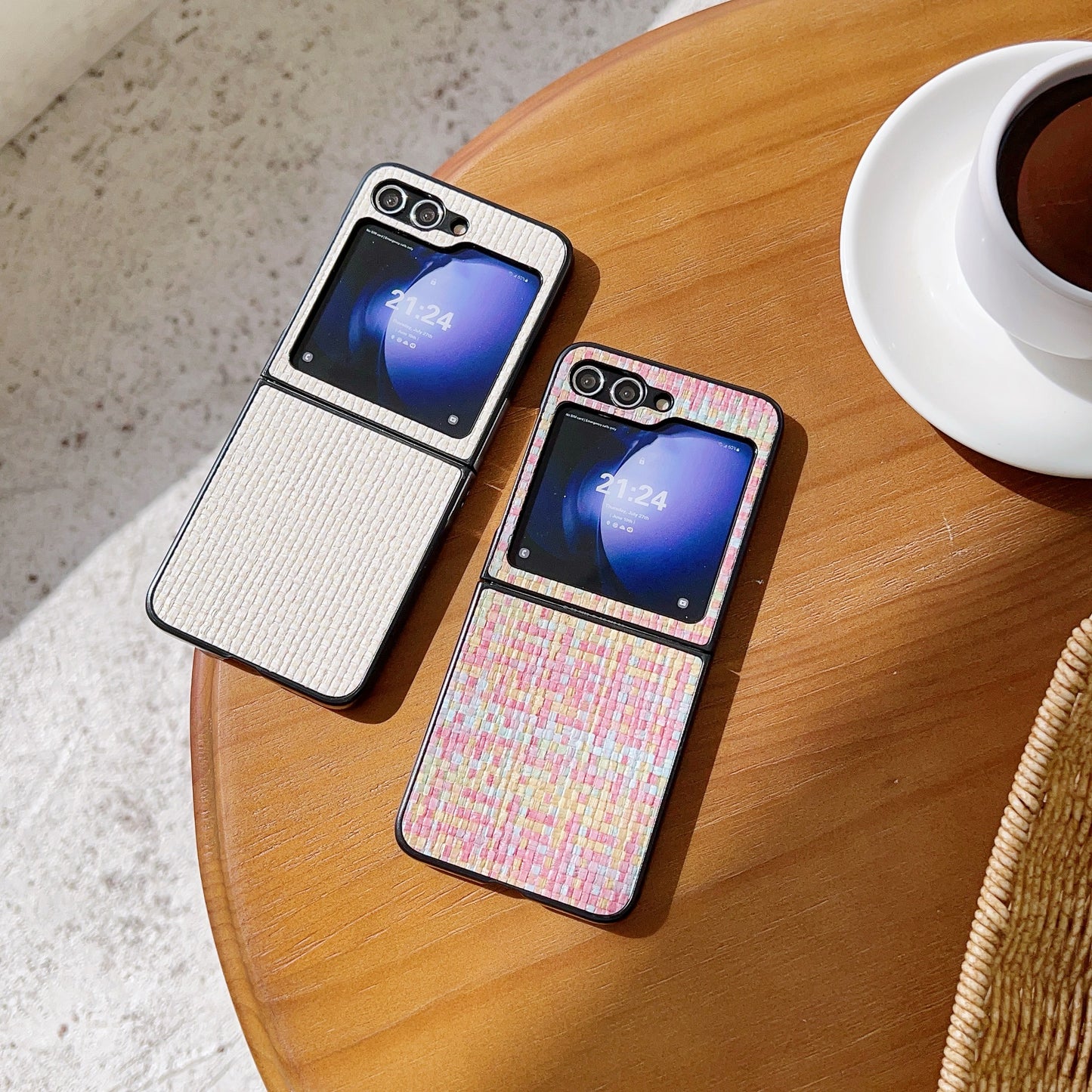 For Samsung Galaxy Z Flip6 5G Case Woven Grid Pattern Leather + PC Phone Cover Two-Piece Design - White