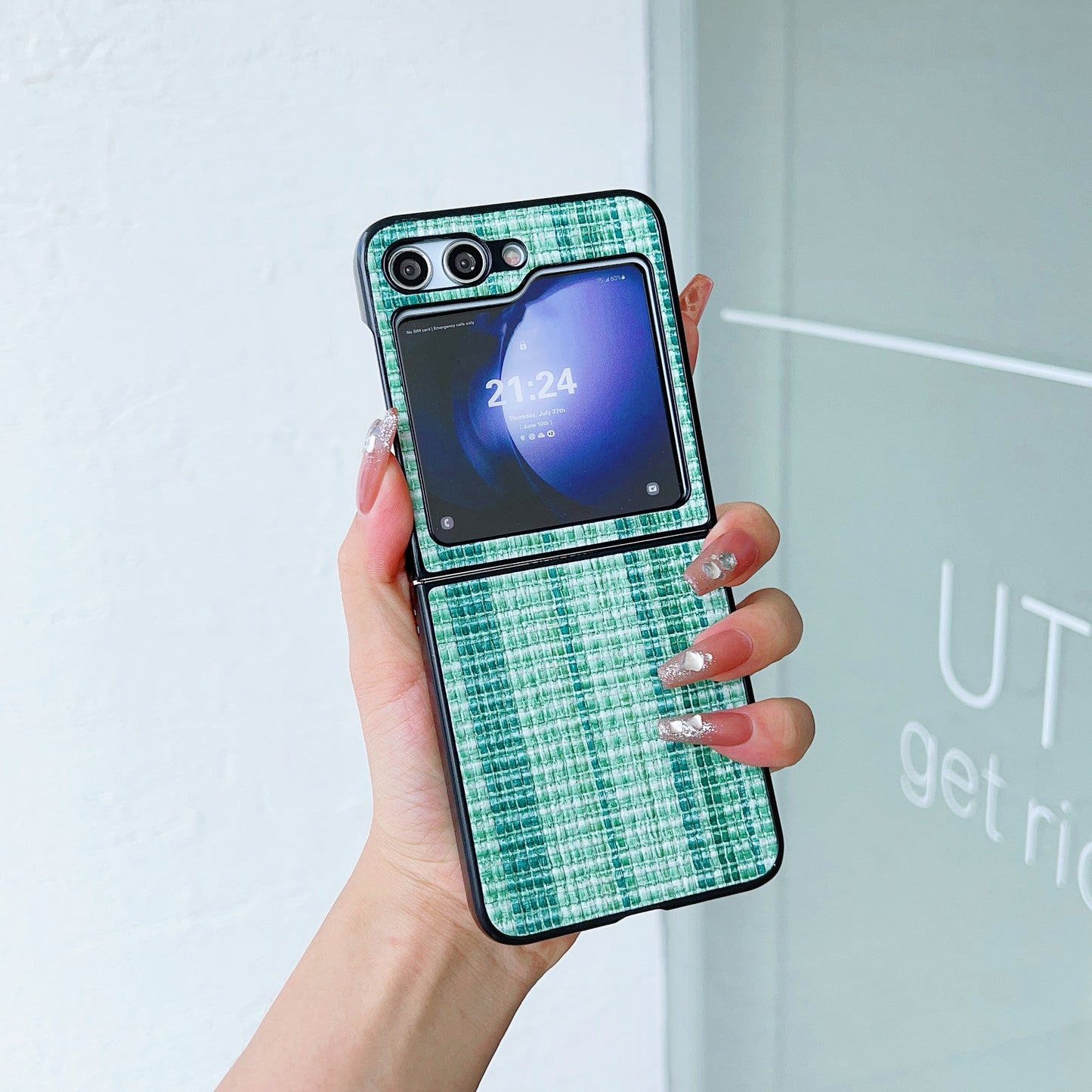 For Samsung Galaxy Z Flip6 5G Case Woven Grid Pattern Leather + PC Phone Cover Two-Piece Design - Green
