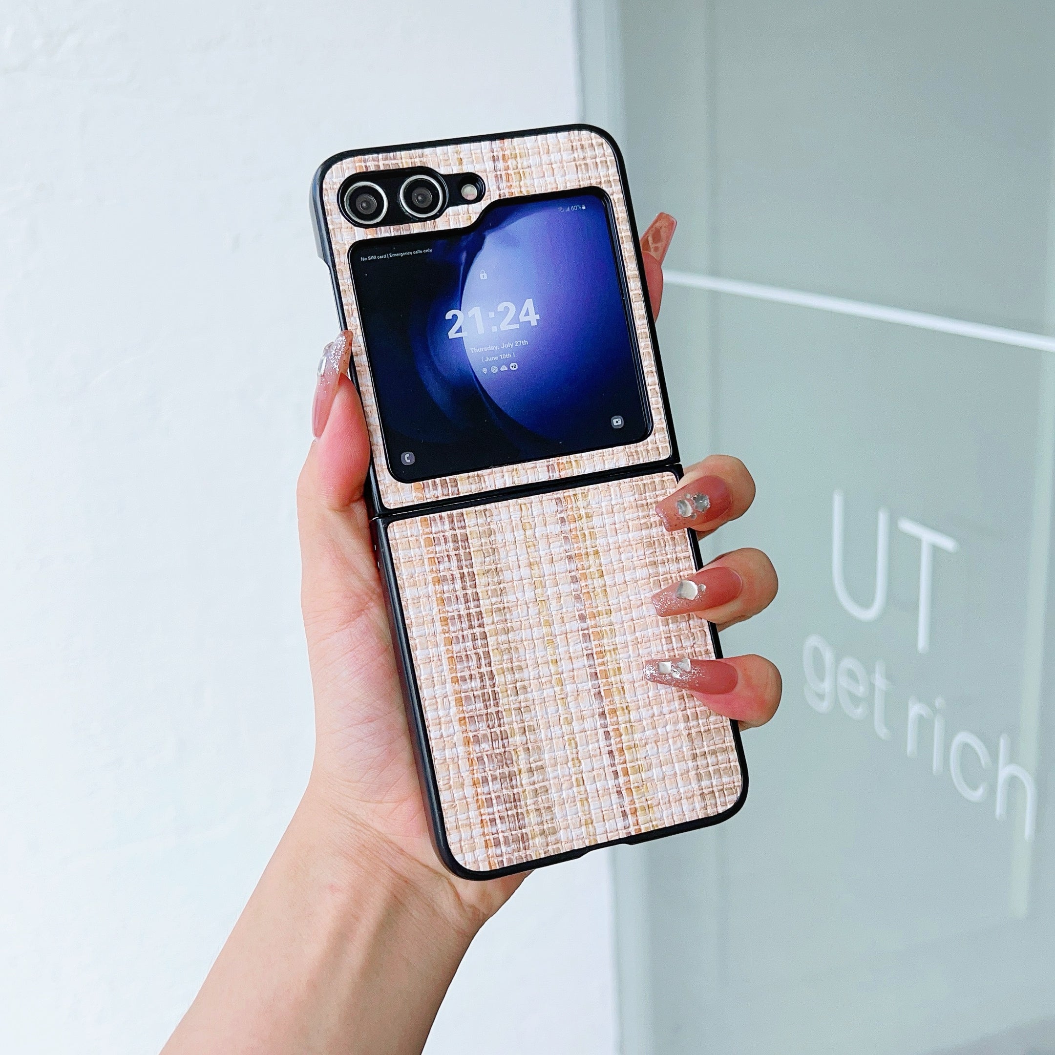 For Samsung Galaxy Z Flip6 5G Case Woven Grid Pattern Leather + PC Phone Cover Two-Piece Design - Khaki