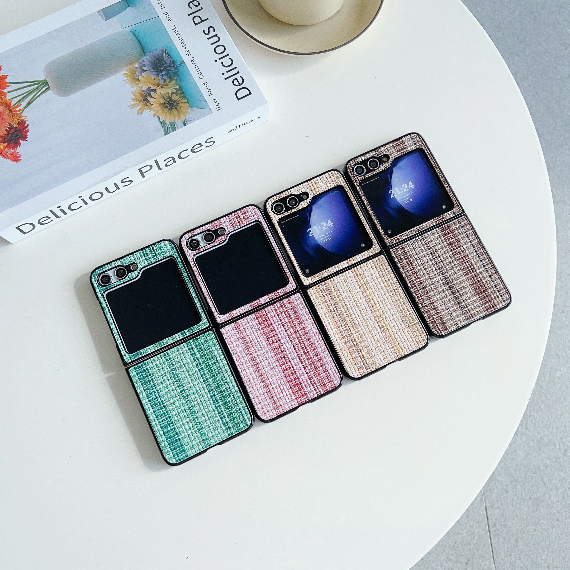 For Samsung Galaxy Z Flip6 5G Case Woven Grid Pattern Leather + PC Phone Cover Two-Piece Design - Khaki