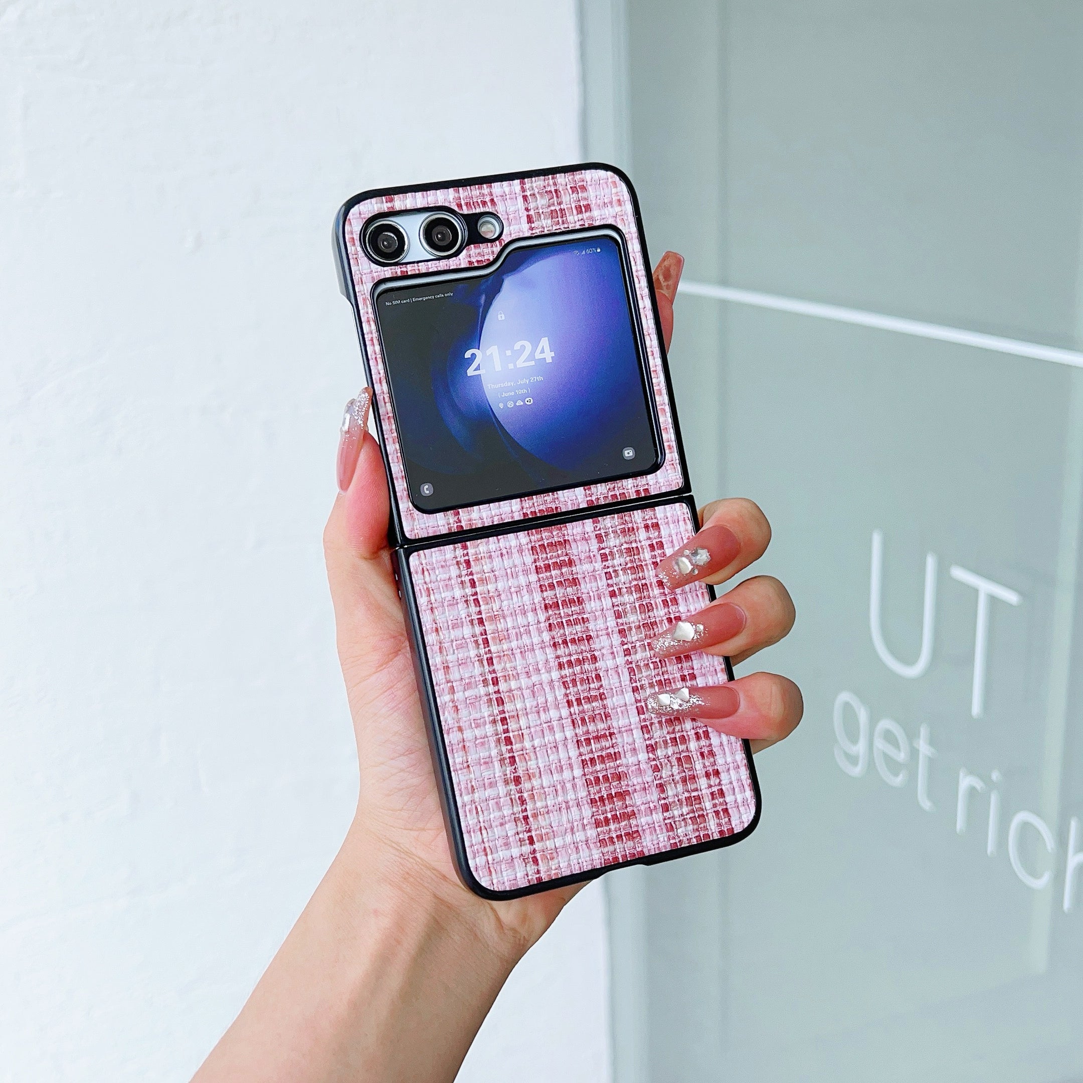 For Samsung Galaxy Z Flip6 5G Case Woven Grid Pattern Leather + PC Phone Cover Two-Piece Design - Pink