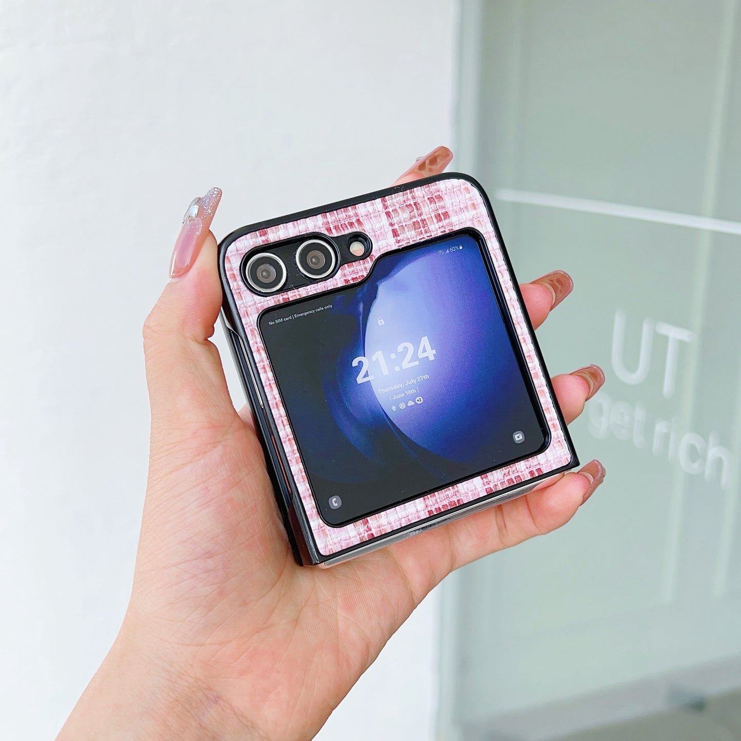 For Samsung Galaxy Z Flip6 5G Case Woven Grid Pattern Leather + PC Phone Cover Two-Piece Design - Pink