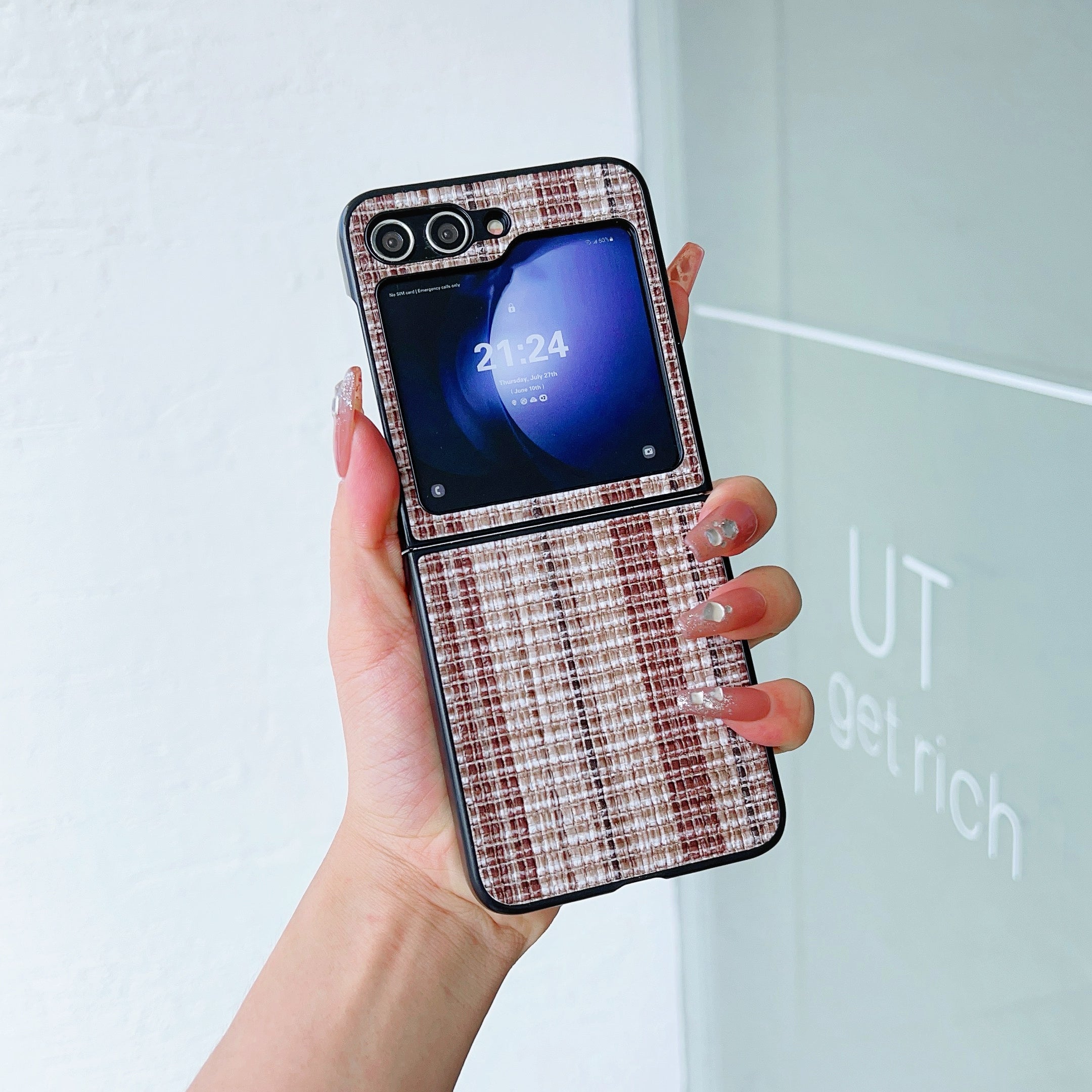 For Samsung Galaxy Z Flip6 5G Case Woven Grid Pattern Leather + PC Phone Cover Two-Piece Design - Brown