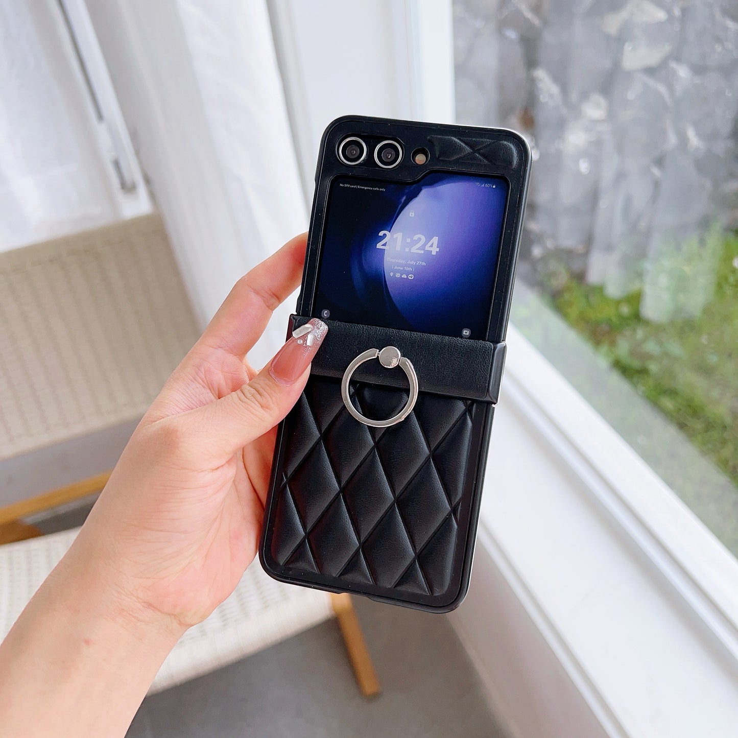 For Samsung Galaxy Z Flip6 5G Case Hinge Protection Leather Coated Phone Cover Rhombus Pattern, Ring Holder - Black