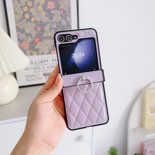 For Samsung Galaxy Z Flip6 5G Case Hinge Protection Leather Coated Phone Cover Rhombus Pattern, Ring Holder - Purple