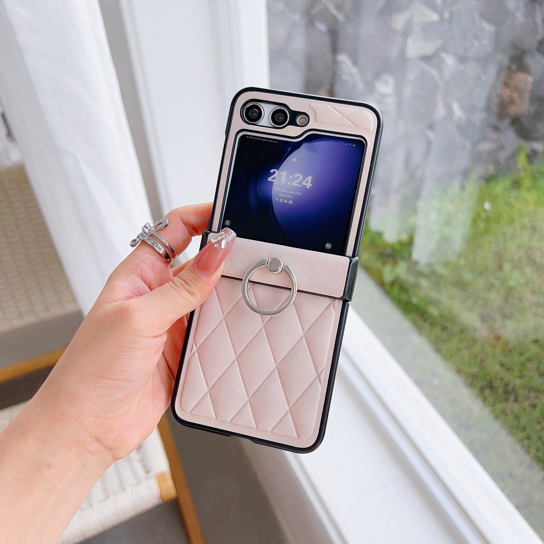 For Samsung Galaxy Z Flip6 5G Case Hinge Protection Leather Coated Phone Cover Rhombus Pattern, Ring Holder - Beige