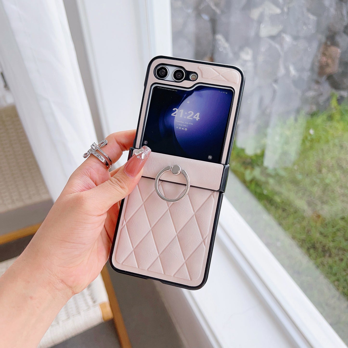 For Samsung Galaxy Z Flip6 5G Case Hinge Protection Leather Coated Phone Cover Rhombus Pattern, Ring Holder - Beige