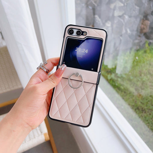 For Samsung Galaxy Z Flip6 5G Case Hinge Protection Leather Coated Phone Cover Rhombus Pattern, Ring Holder - Beige