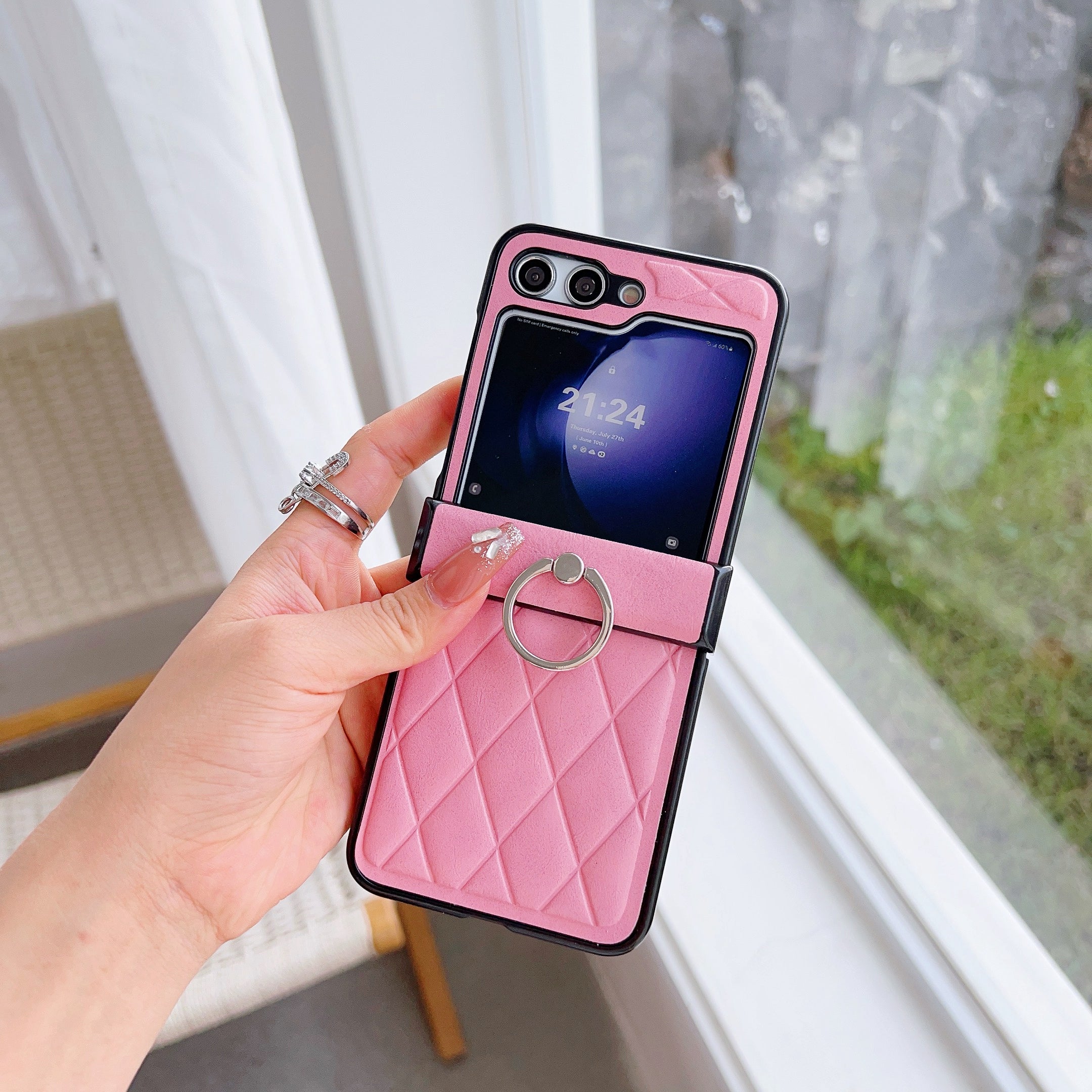 For Samsung Galaxy Z Flip6 5G Case Hinge Protection Leather Coated Phone Cover Rhombus Pattern, Ring Holder - Pink