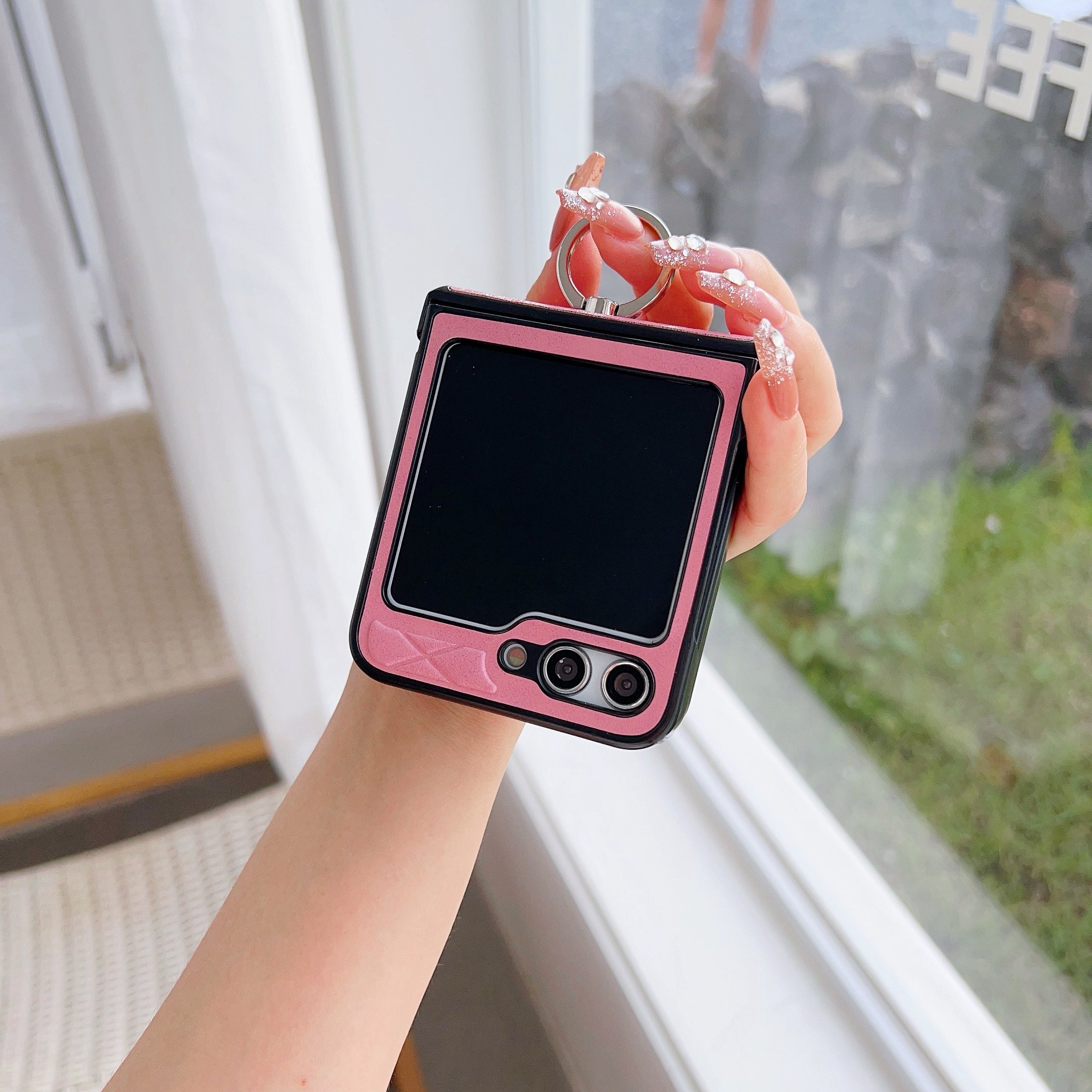 For Samsung Galaxy Z Flip6 5G Case Hinge Protection Leather Coated Phone Cover Rhombus Pattern, Ring Holder - Pink