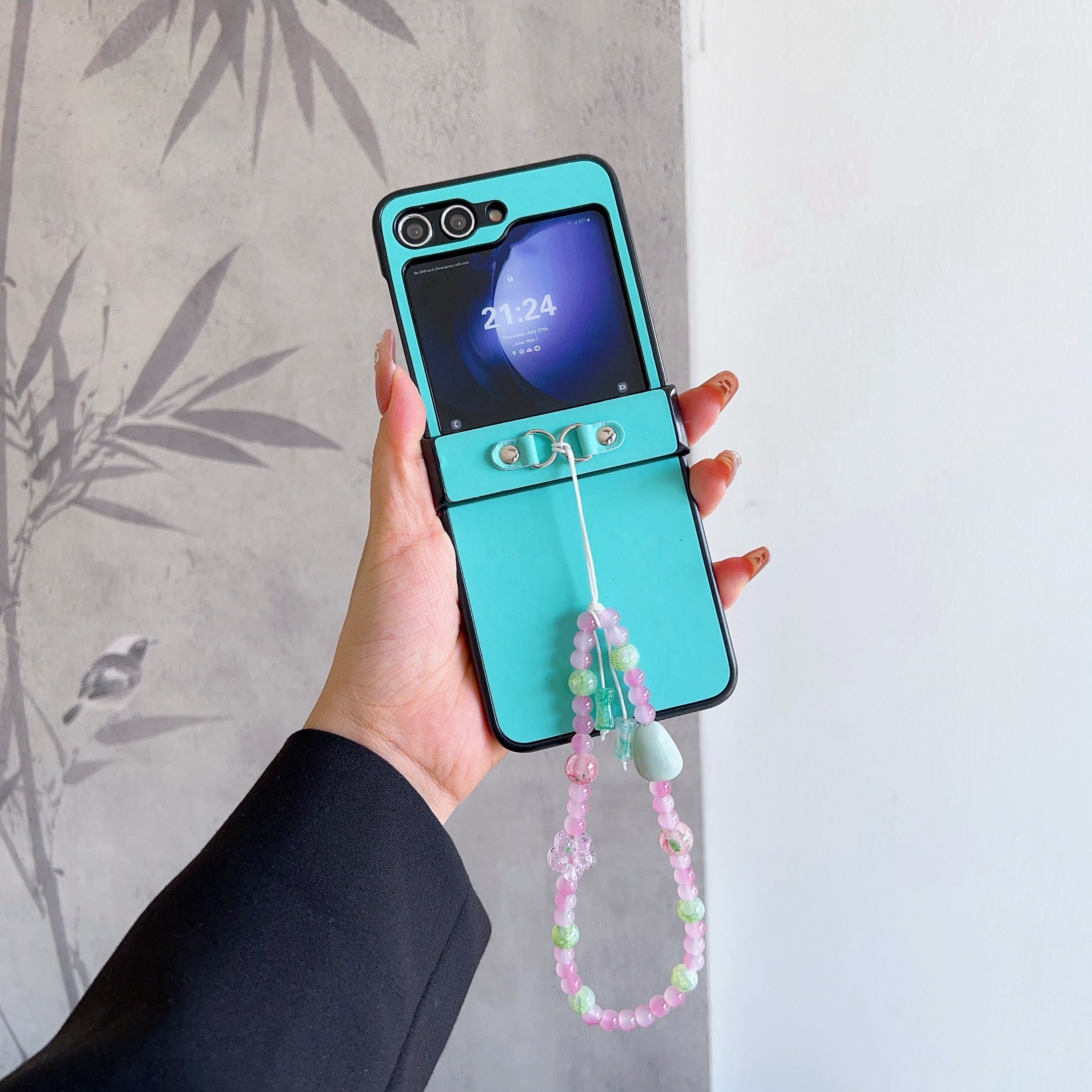 For Samsung Galaxy Z Flip6 5G Case Skin-Touch Leather Coated Phone Cover with Wrist Bead Chain - Blue