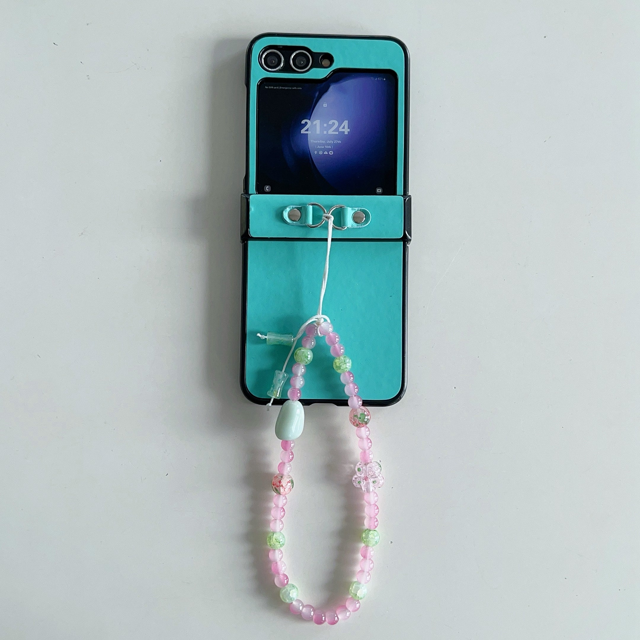 For Samsung Galaxy Z Flip6 5G Case Skin-Touch Leather Coated Phone Cover with Wrist Bead Chain - Blue