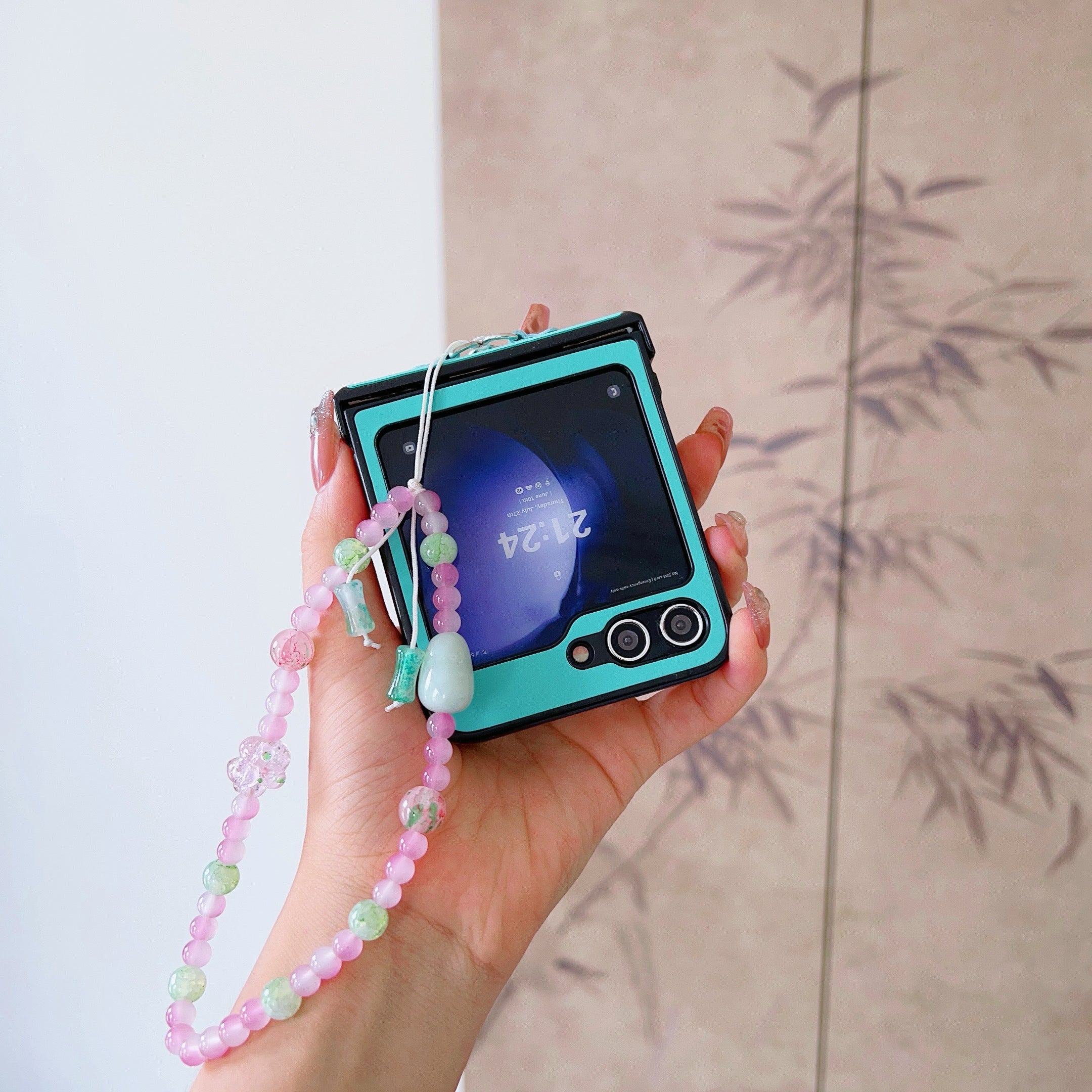 For Samsung Galaxy Z Flip6 5G Case Skin-Touch Leather Coated Phone Cover with Wrist Bead Chain - Blue