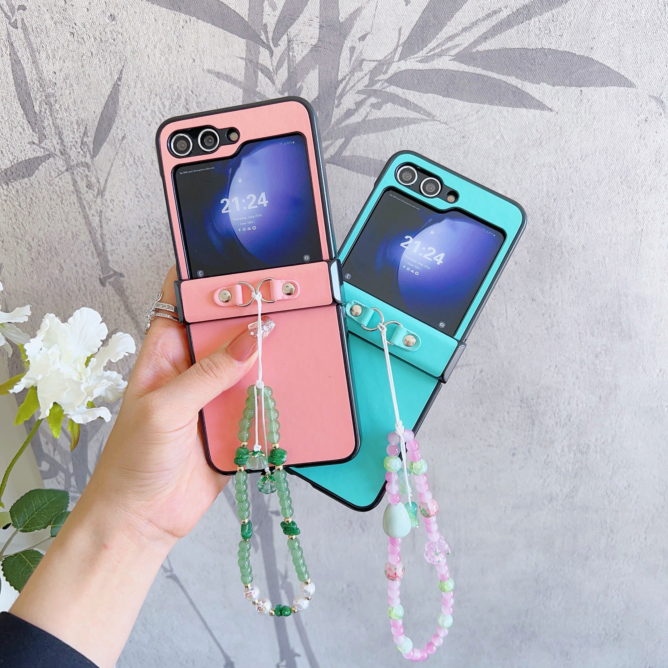 For Samsung Galaxy Z Flip6 5G Case Skin-Touch Leather Coated Phone Cover with Wrist Bead Chain - Blue