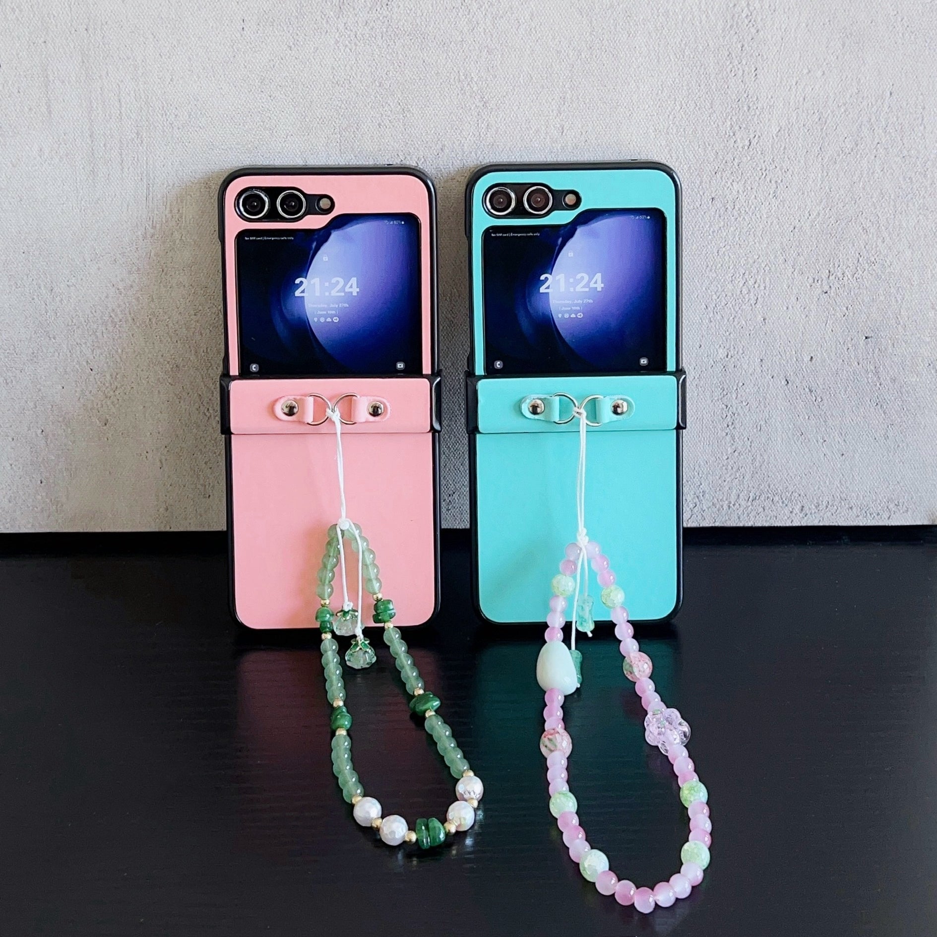 For Samsung Galaxy Z Flip6 5G Case Skin-Touch Leather Coated Phone Cover with Wrist Bead Chain - Blue