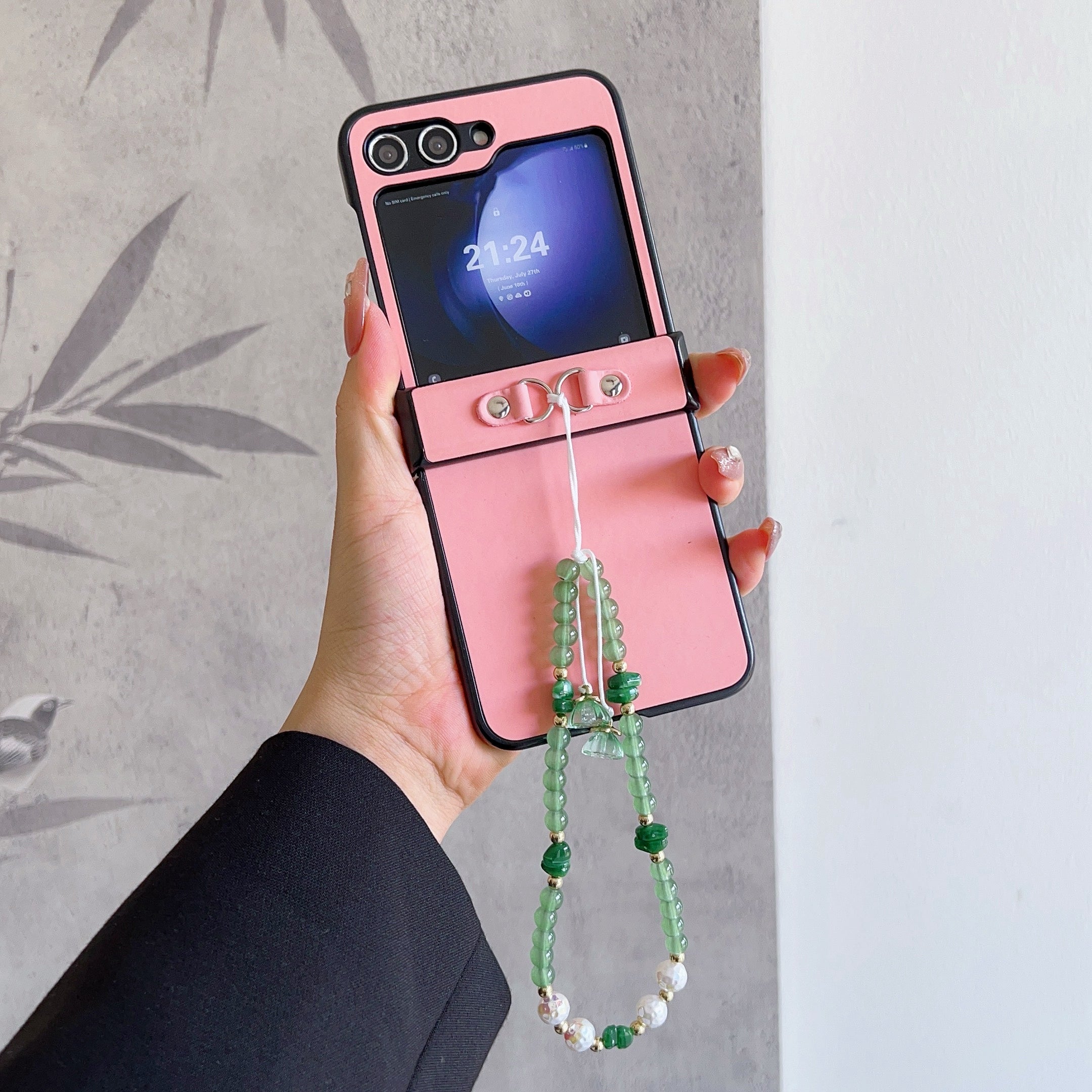 For Samsung Galaxy Z Flip6 5G Case Skin-touch Leather Coated Phone Cover with Wrist Bead Chain - Pink