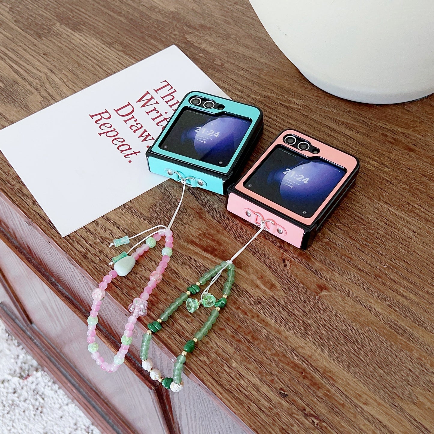For Samsung Galaxy Z Flip6 5G Case Skin-touch Leather Coated Phone Cover with Wrist Bead Chain - Pink