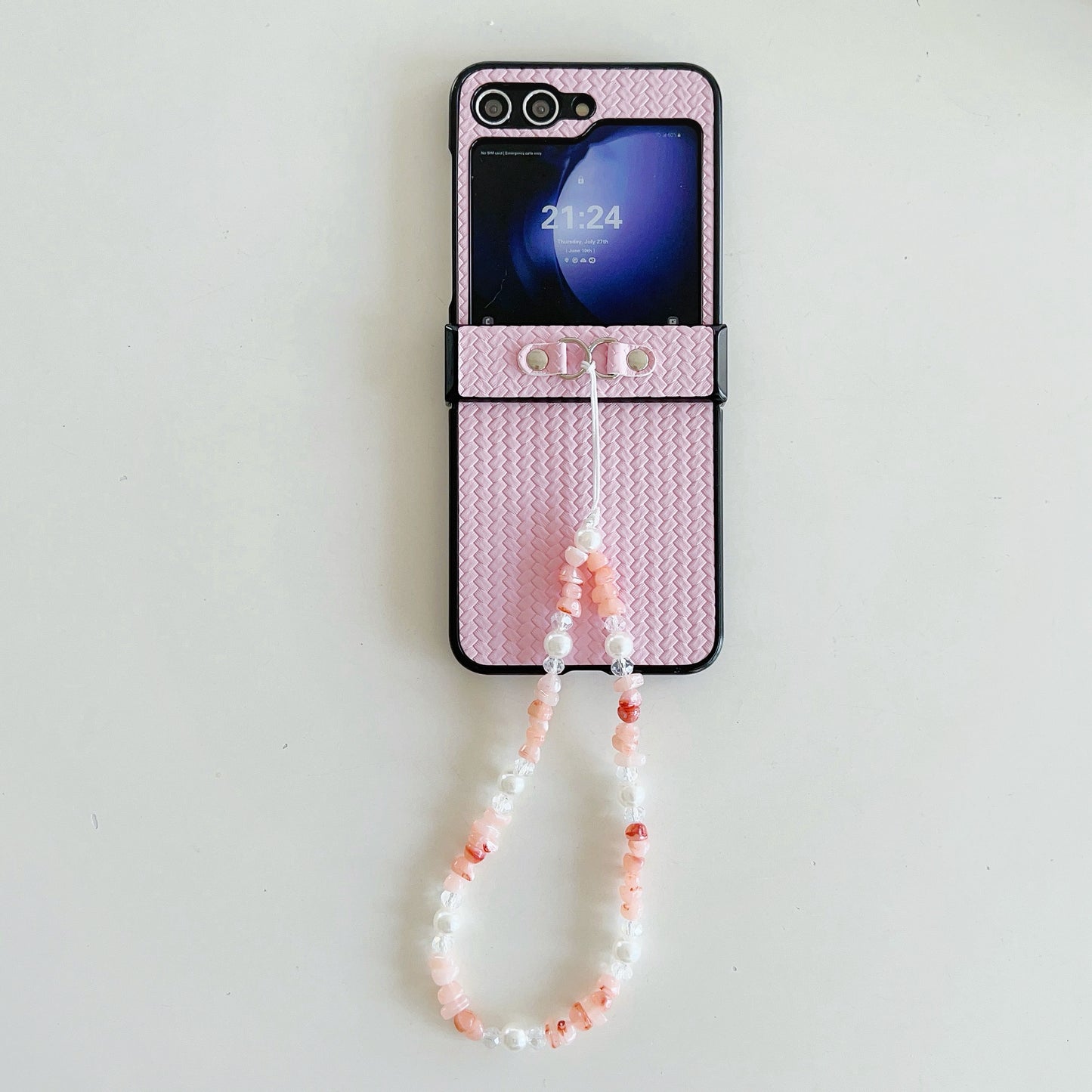 For Samsung Galaxy Z Flip6 5G Case with Beads Bracelet Leather Coated Phone Cover Straw Mat Texture - Pink