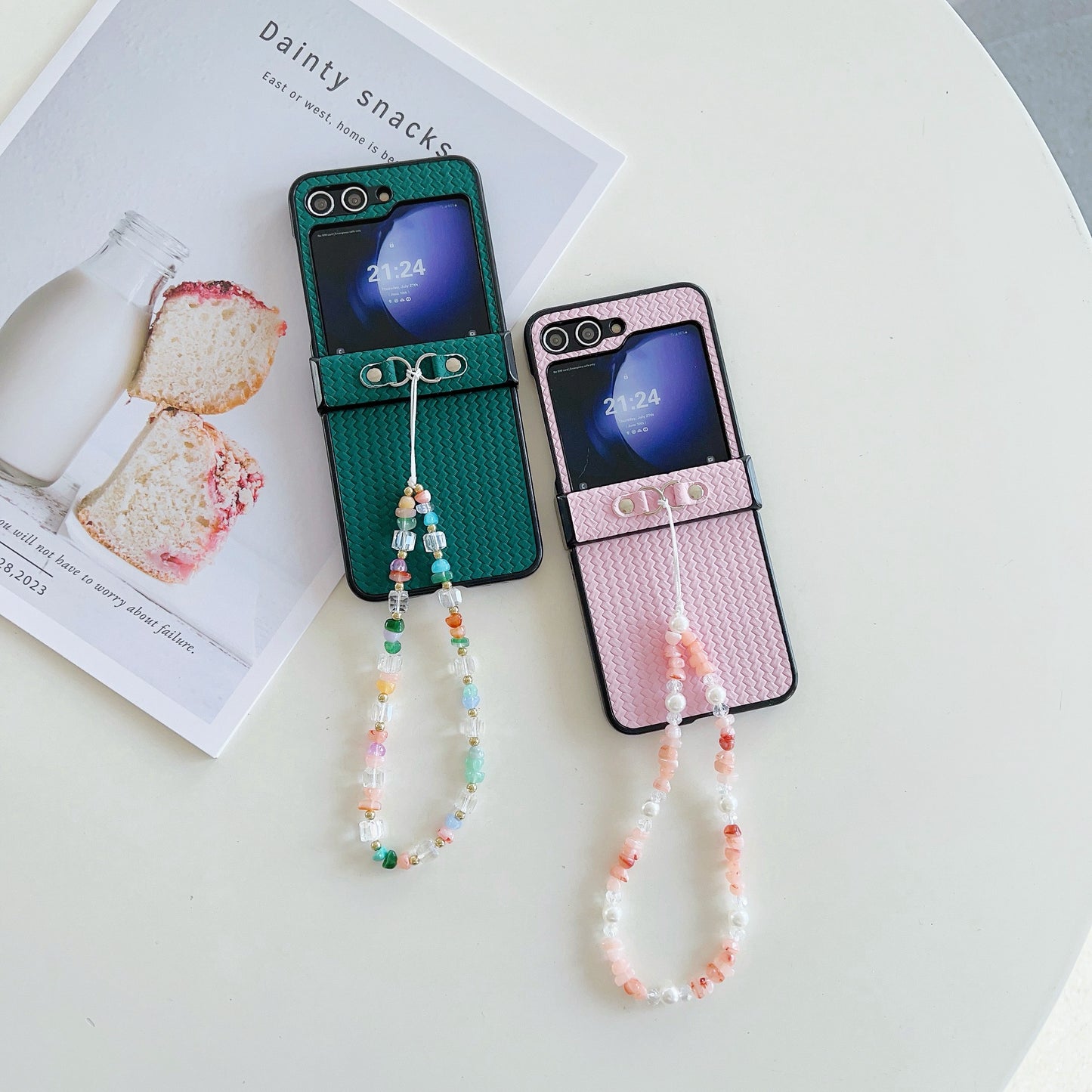 For Samsung Galaxy Z Flip6 5G Case with Beads Bracelet Leather Coated Phone Cover Straw Mat Texture - Pink