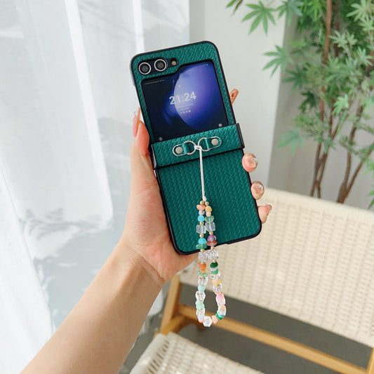 For Samsung Galaxy Z Flip6 5G Case with Beads Bracelet Leather Coated Phone Cover Straw Mat Texture - Green