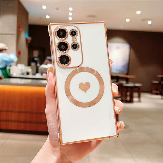 For Samsung Galaxy S23 Ultra Magnetic Case Soft TPU Phone Cover Love Heart Pattern - Ivory White