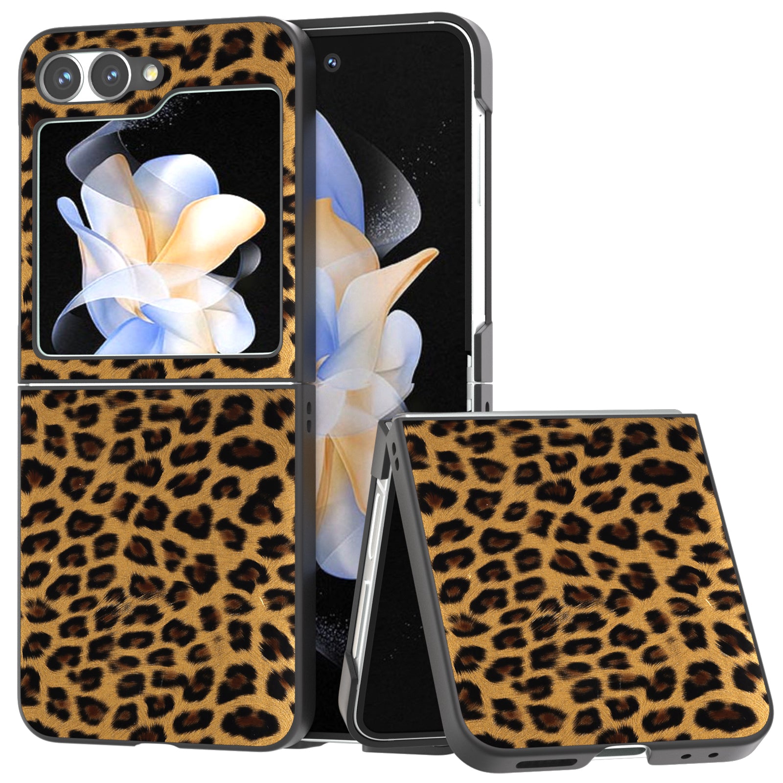 For Samsung Galaxy Z Flip6 5G Case Black Edge PU+PC Leopard Pattern Phone Cover - Gold