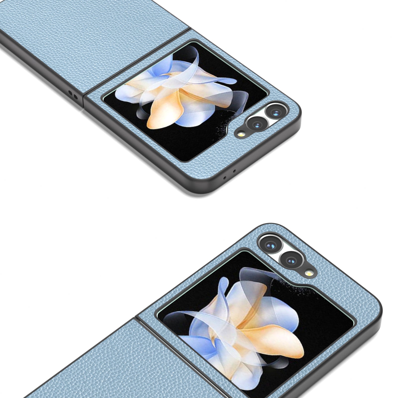 ABEEL For Samsung Galaxy Z Flip6 5G Case Litchi Texture Genuine Cow Leather+PC Phone Cover - Baby Blue