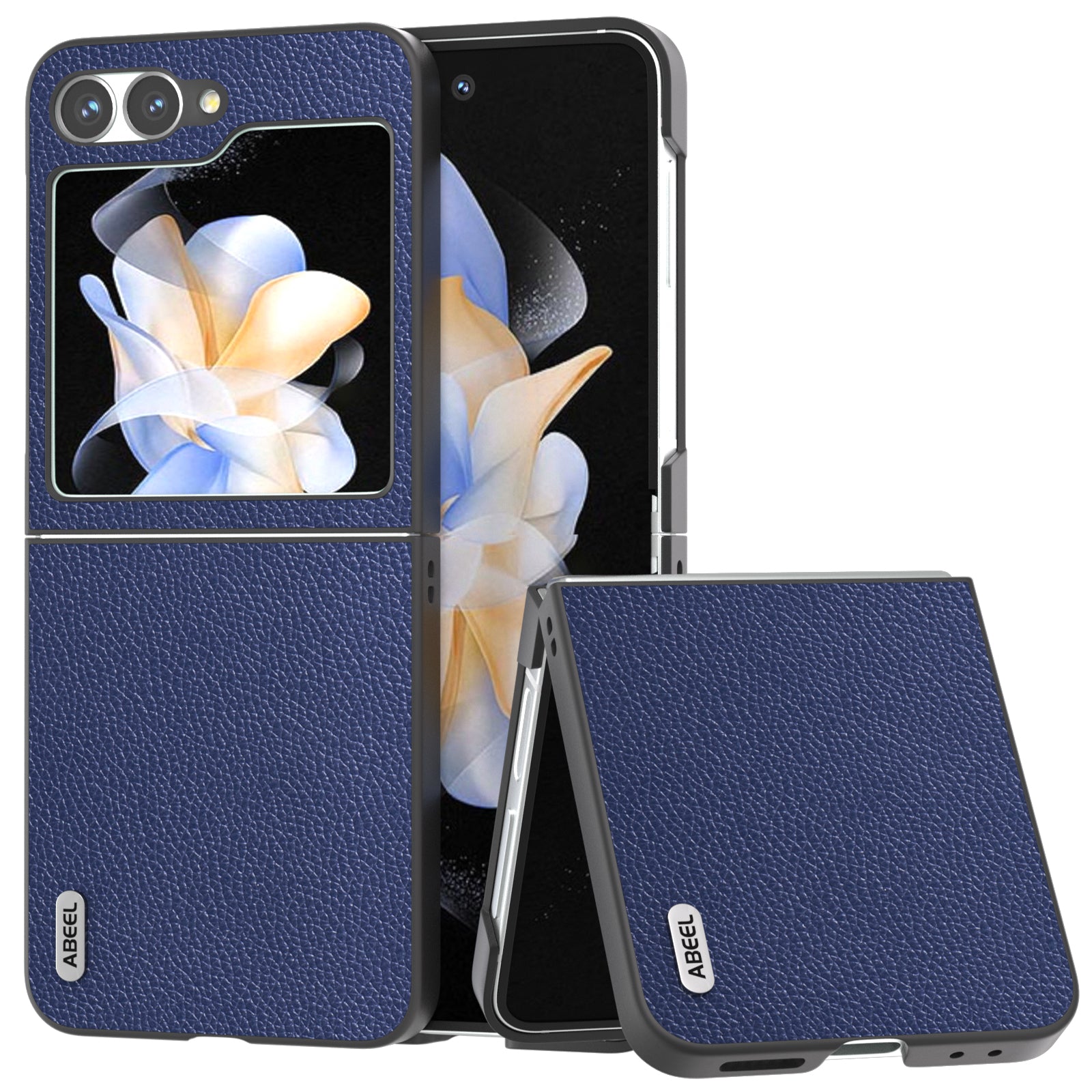 ABEEL For Samsung Galaxy Z Flip6 5G Case Litchi Texture Genuine Cow Leather+PC Phone Cover - Blue