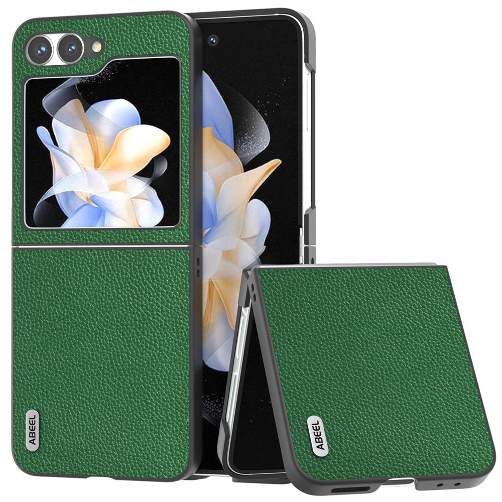 ABEEL For Samsung Galaxy Z Flip7 FE 5G / Z Flip6 5G Case Litchi Texture Genuine Cow Leather+PC Phone Cover - Green