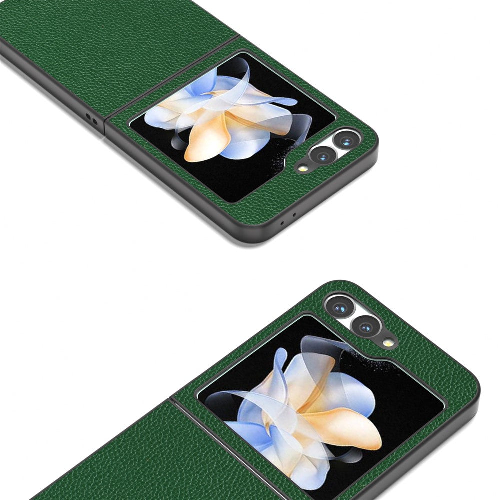 ABEEL For Samsung Galaxy Z Flip7 FE 5G / Z Flip6 5G Case Litchi Texture Genuine Cow Leather+PC Phone Cover - Green