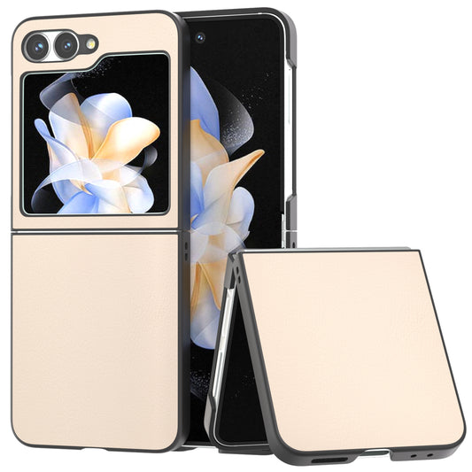 For Samsung Galaxy Z Flip6 5G Case PU Leather Coated Hard PC Folding Phone Cover - Light Yellow