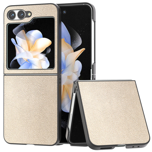 For Samsung Galaxy Z Flip6 5G Case PU Leather Coated Hard PC Folding Phone Cover - Gold