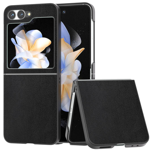 For Samsung Galaxy Z Flip6 5G Case PU Leather Coated Hard PC Folding Phone Cover - Black