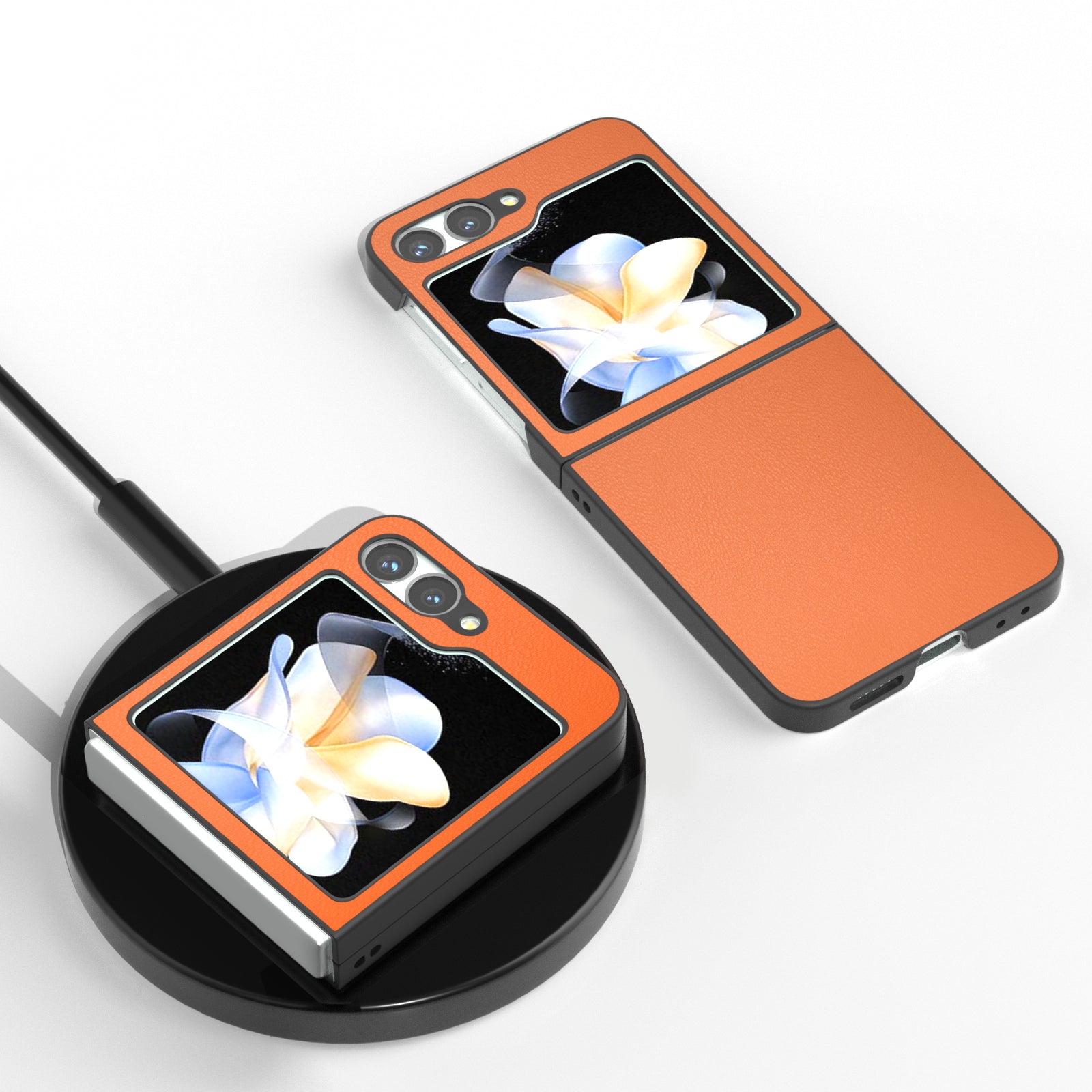 For Samsung Galaxy Z Flip6 5G Case PU Leather Coated Hard PC Folding Phone Cover - Orange