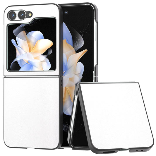 For Samsung Galaxy Z Flip6 5G Case PU Leather Coated Hard PC Folding Phone Cover - White