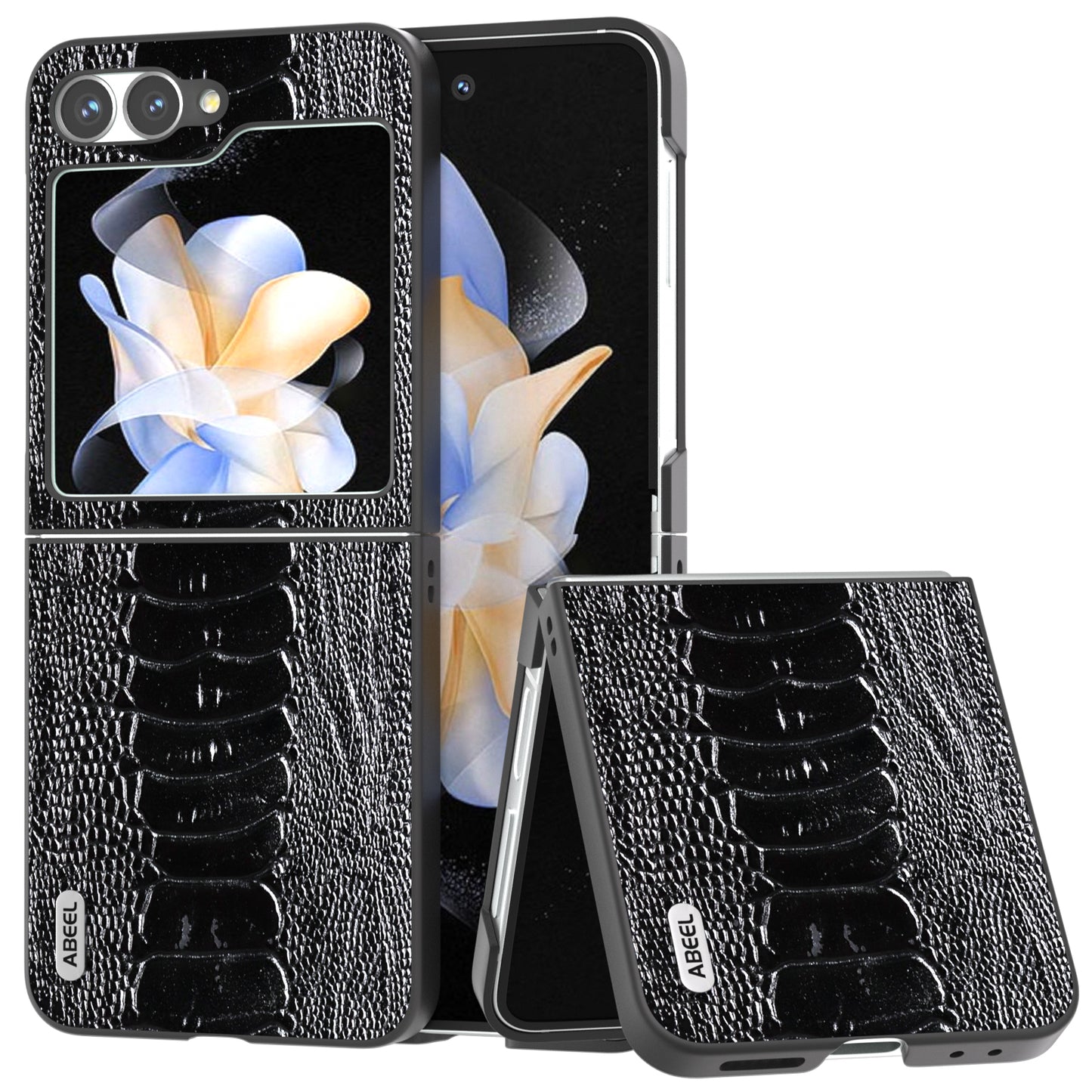 ABEEL For Samsung Galaxy Z Flip6 5G Case Crocodile Texture Genuine Cow Leather Back Phone Cover - Black