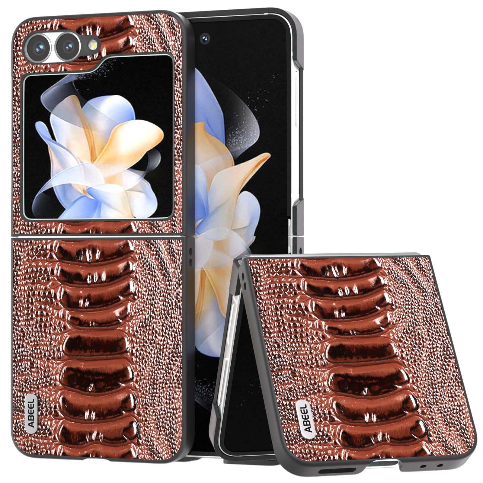 ABEEL For Samsung Galaxy Z Flip6 5G Case Crocodile Texture Genuine Cow Leather Back Phone Cover - Coffee