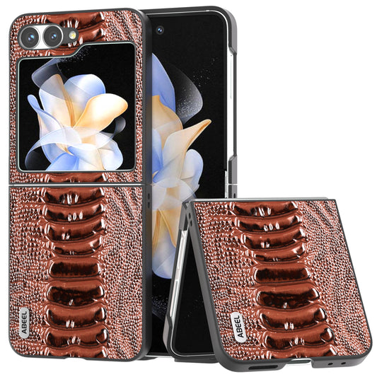ABEEL For Samsung Galaxy Z Flip6 5G Case Crocodile Texture Genuine Cow Leather Back Phone Cover - Coffee