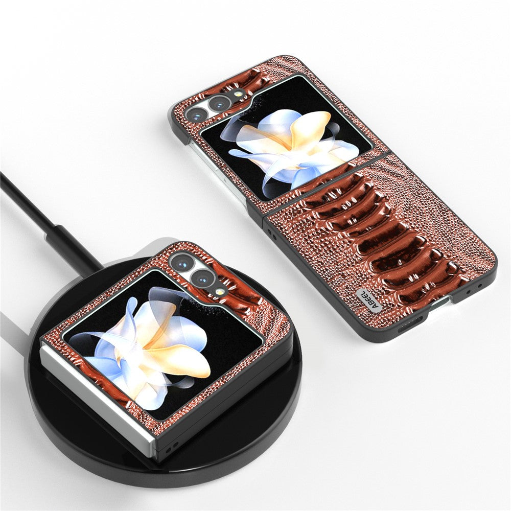 ABEEL For Samsung Galaxy Z Flip7 FE 5G / Z Flip6 5G Case Crocodile Texture Genuine Cow Leather Back Phone Cover - Coffee