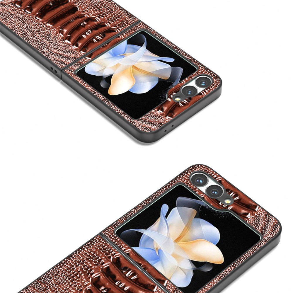 ABEEL For Samsung Galaxy Z Flip7 FE 5G / Z Flip6 5G Case Crocodile Texture Genuine Cow Leather Back Phone Cover - Coffee