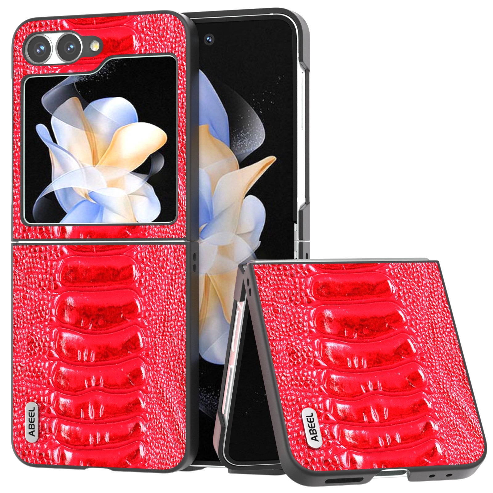 ABEEL For Samsung Galaxy Z Flip6 5G Case Crocodile Texture Genuine Cow Leather Back Phone Cover - Red