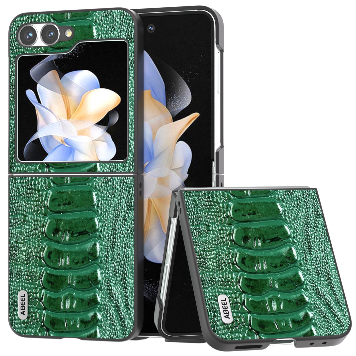 ABEEL For Samsung Galaxy Z Flip6 5G Case Crocodile Texture Genuine Cow Leather Back Phone Cover - Green