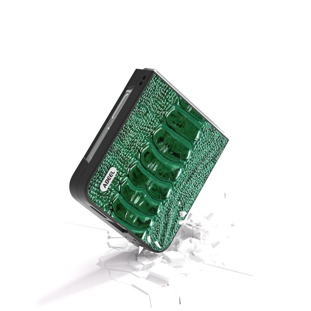 ABEEL For Samsung Galaxy Z Flip7 FE 5G / Z Flip6 5G Case Crocodile Texture Genuine Cow Leather Back Phone Cover - Green