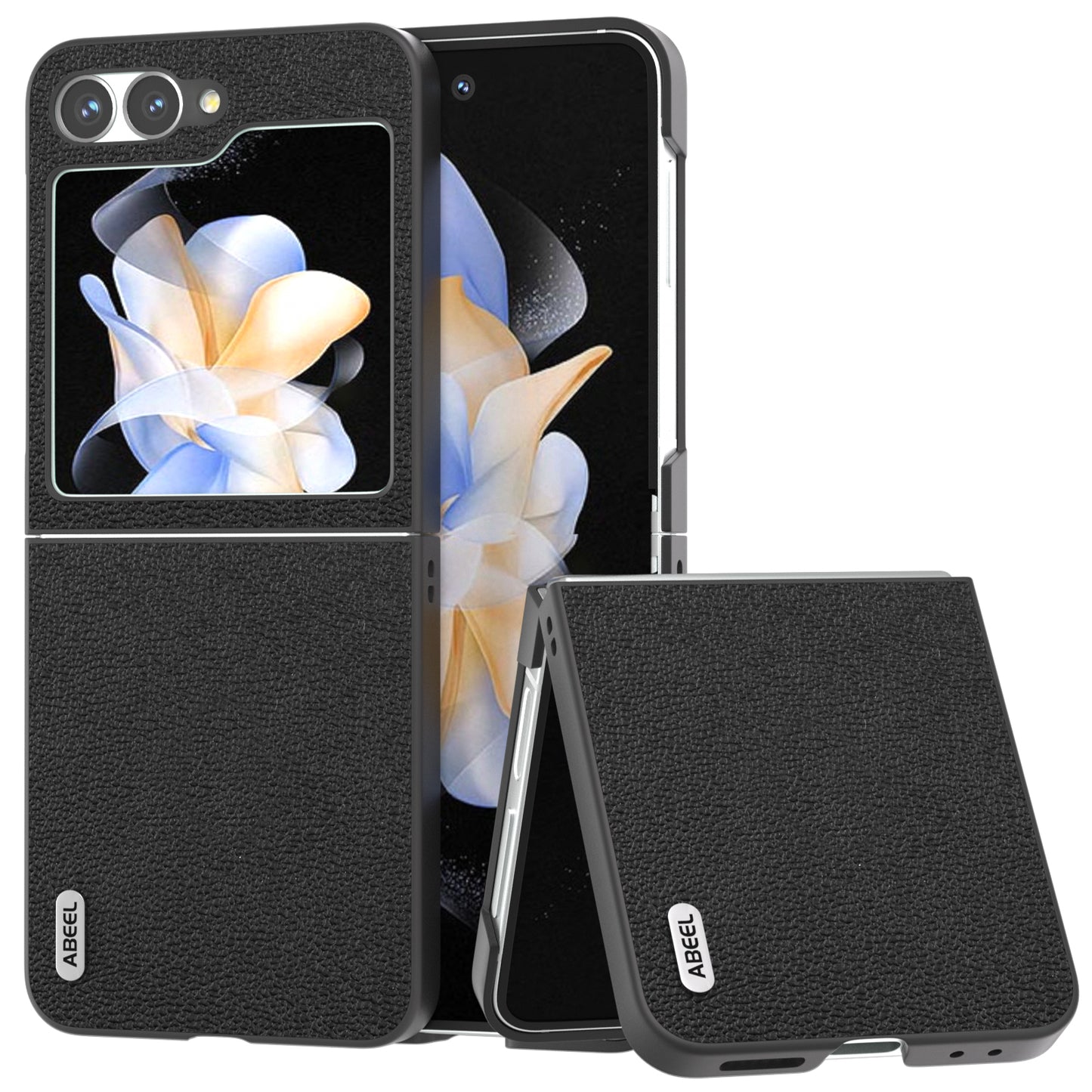 ABEEL For Samsung Galaxy Z Flip6 5G Case Genuine Cow Leather+PC Hard Phone Cover - Black