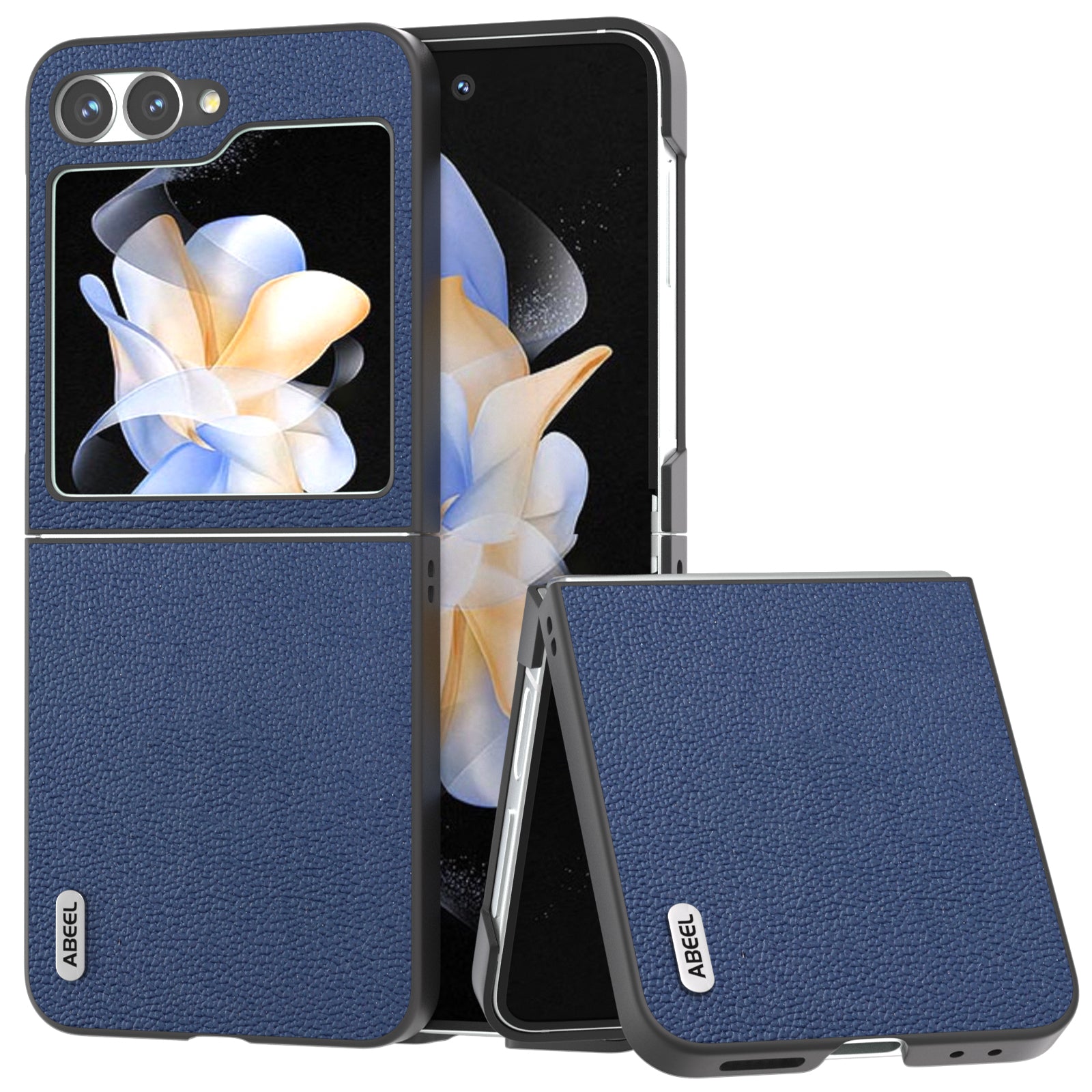 ABEEL For Samsung Galaxy Z Flip6 5G Case Genuine Cow Leather+PC Hard Phone Cover - Blue