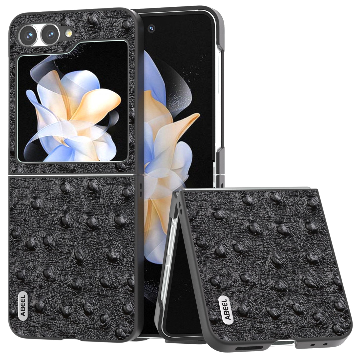 ABEEL For Samsung Galaxy Z Flip6 5G Case Ostrich Texture Genuine Cow Leather Back Cover - Black