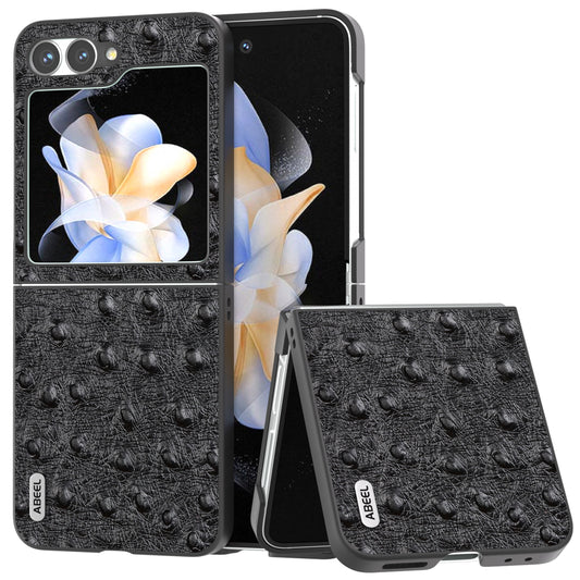 ABEEL For Samsung Galaxy Z Flip6 5G Case Ostrich Texture Genuine Cow Leather Back Cover - Black